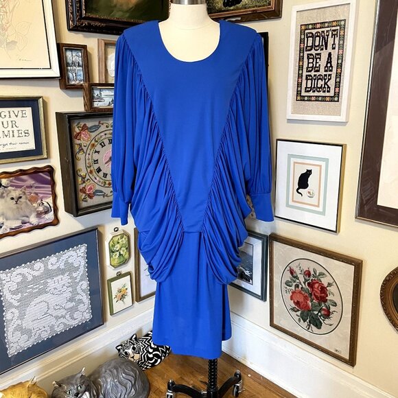 80s Vintage Vikki Vi Royal Blue Gathered Long Sleeve Cocoon Top and Skirt Set - Picture 1 of 6